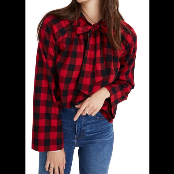 Madewell Tops - Madewell Buffalo Plaid Tie Neck Blouse Sz S EUC